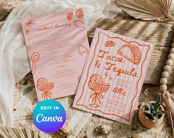 Tacos & Tequila Bachelorette Einladung und Reiseplan | Doppelseitiges Canva Template