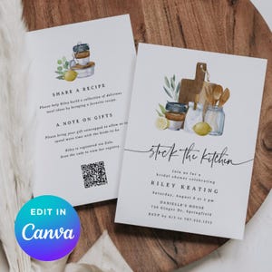 May include: White invitation cards with watercolor illustrations of kitchen items, including lemons, jars, and cutting boards. The text reads "Stock the Kitchen" and invites guests to a bridal shower for Riley Keating.