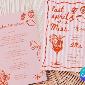 Puede incluir: Invitaciones rosas para despedida de soltera con ilustraciones naranjas de cítricos y una copa de cóctel. Una tarjeta enumera el itinerario del fin de semana, la otra dice "last spritz as a Miss" y detalla el evento.