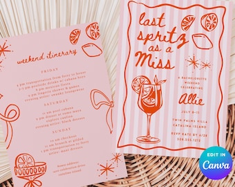 Last Spritz As A Miss Bachelorette-uitnodiging en reisplan | Bewerkbare canvassjabloon