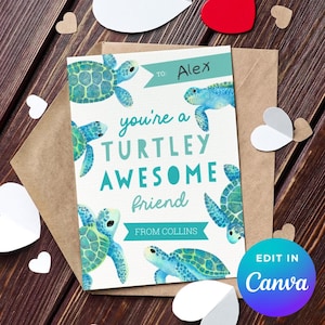 May include: A greeting card with a turtle theme. The card says "you're a TURTLEY AWESOME FRIEND" and is addressed to "Alex" from "Collins". The card features watercolor illustrations of blue and green turtles.
