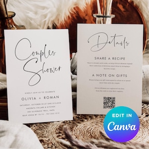 Mall för inbjudningskort och detaljer för pardusch | Redigerbar Canvas-inbjudningsuppsättning | Minimalistisk svartvit