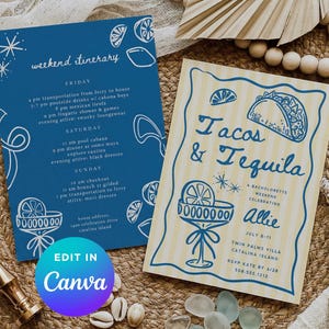 May include: Two invitation cards with a blue and yellow theme. One card is blue with white text and illustrations, including the words "weekend itinerary." The other card is yellow with blue text and illustrations, including the words "Tacos & Tequila."