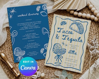Tacos & Tequila Bachelorette Invitation and Itinerary | Coastal Fiesta Bach | Double Sided Canva Template