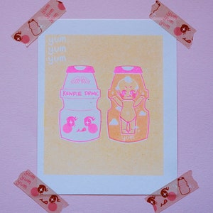 Kewpie Drink  | 2-Color Risograph Mini Print | 5 x 7&quot; size
