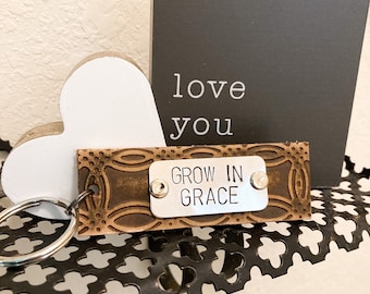 Personalized leather keychain accessory - grow in grace - custom leather key fob - inspirational her - friendship gift - oil diffuser