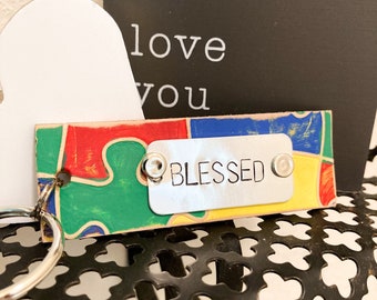 puzzle piece keychain - autism awareness - Personalized leather keychain accessory - custom leather key fob -  autism gift - blessed mom
