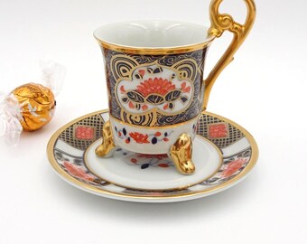 Shimabara Japan Porcelain Imari Demitasse Cup and Saucer : High Handle, Gold Trim