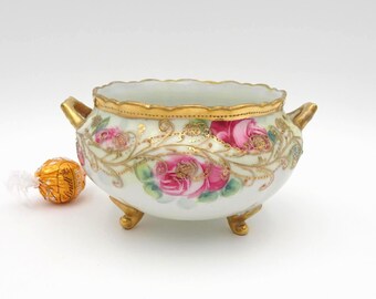 Antique Nippon Porcelain Footed Bowl: Hand Painted Pink Roses, Gold Scrolls