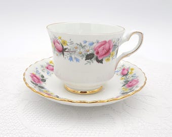 Taza y platillo de porcelana fina Royal Stafford Summer Glory, diseño floral de rosas rosas, fabricados en Inglaterra.