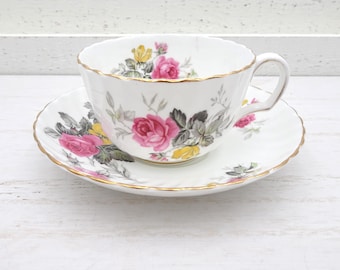 Adderley English Bone China Floral Teacup and Saucer: Pink Yellow Roses & Gray Leaves, Scalloped