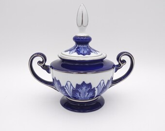 Bombay Rosette Sugar Bowl: Cobalt Blue & White, Platinum Trim