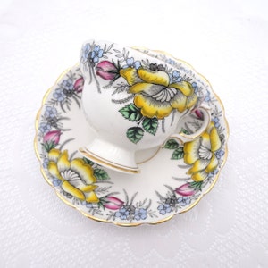 Rosina Floral Tea Cup and Saucer Yellow Pink Blue Flowers Made in England