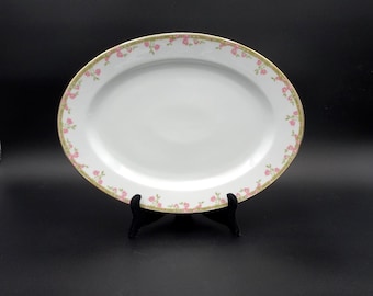 Antique Zeh Scherzer & Co Bavaria Porcelain Serving Platter: 14 x 10 Inch Oval, Pink Rose Trim