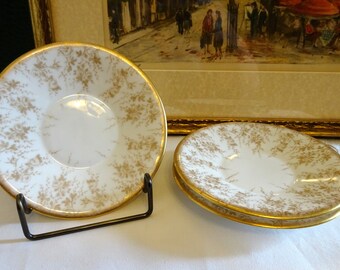 May include: Two white porcelain saucers with a gold rim and a delicate floral pattern. The saucers are on a white surface.