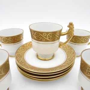 Set of 5 Waldershof Bavaria 22 Karat Gold Encrusted Demitasse Cups and Saucers with Ornate Handles,  Vintage Espresso Cups Made in Germany