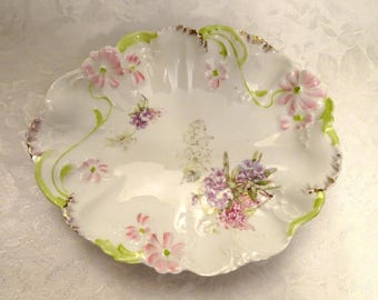 Weimar Germany Embossed Pink Daisy Floral Oval Serving Bowl with Green and Gold Accents