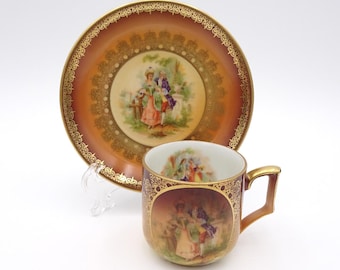 Bavarian Demitasse Cup & Saucer: Courting Couple, Love Story, Gold Filigree
