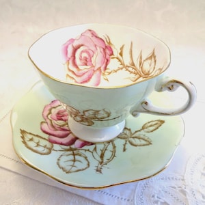 E .B. FOLEY Mint Green Tea Cup and Saucer with Pink Cabbage Rose Hand Painted Made in England