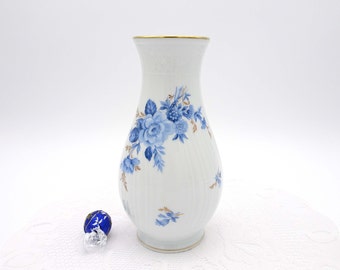 Lorenz Hutschenreuther Blue Floral Vase with Gold Trim Dresden Shape Chateau Bleu Pattern Made in Bavaria Germany