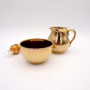 Gibson & Sons Burslem Earthenware Creamer and Sugar Bowl: Gold Luster, Brown Glaze