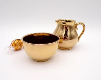 Gibson & Sons Burslem aardewerk creamer en suikerpot: goudglans, bruin glazuur
