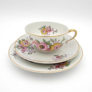 Bernardaud Limoges Porcelain Tea Cup Trio: Pink Floral Pattern, Made in France