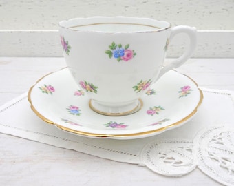 Vanderwood Bone China Teacup and Saucer: Petite Floral Bouquets, Gold Trim, Made in England