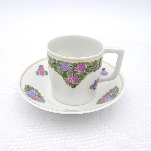 Vintage Nymphenburg Demitasse Espresso Cup and Saucer Hand Painted Berry Design Made in Bavaria Germany