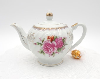 Vintage Norleans Japan Porcelain Swirled Floral Teapot: Pink Roses, Gold Filigree