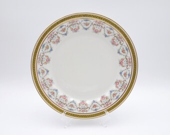 アンティーク ジャン・プーヤ リモージュ 花柄ディナープレート、花柄スクロール模様の縁取り、月桂樹の葉のトリム