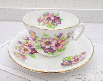 Vintage Heathcote Pink Purple Floral Tea Cup and Saucer Made in England, English Bone China Teacup with Flowers