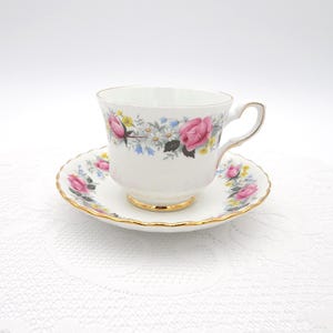 Royal Stafford Summer Glory Bone China Teacup and Saucer, Pink Rose Floral, Made in England
