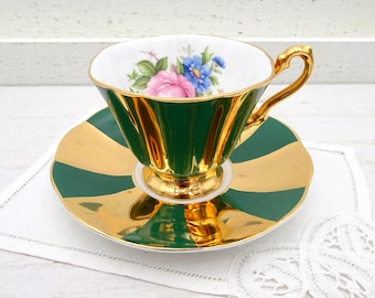 Rosina Green Gold Striped Teacup and Saucer, Floral Bouquet Interior, Made in England