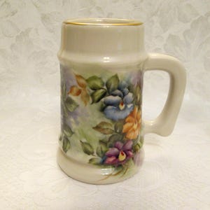 Vintage Hand Painted Floral Tankard Blue Yellow Purple Flowers - Artist Signed