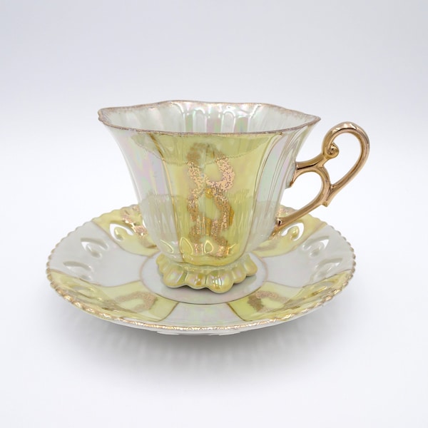 Vintage Enesco Yellow Paneled Lusterware Cup and Saucer with Gold Filigree Reticulated Saucer, Pearlescent Teacup Made in Japan