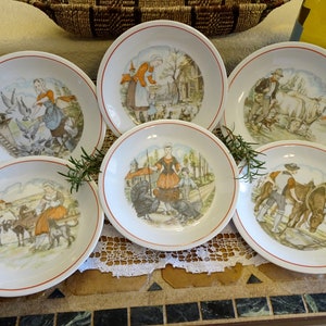 6 French Folk Art Plates Farm Scenes from Berry Haute CNP Compagnie Nationale de Porcelaine
