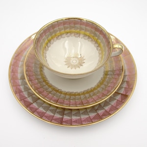 MCM Winterling Marktleuthen Tea Cup Trio:  Pink Yellow Gold Geometric Pattern, Bavaria Germany