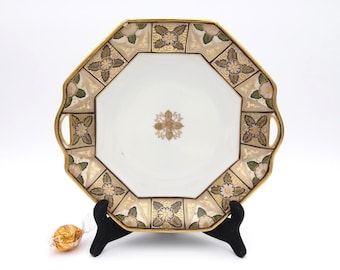 Antique Nippon Morimura Gold Floral Octagonal Serving Dish, Hand Painted, Moriage Beading