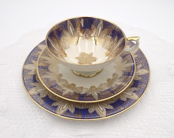 MCM Oscar Schaller Elfenbein Tea Cup Trio: Blue Gold Geometric Floral Pattern, Bavaria Germany