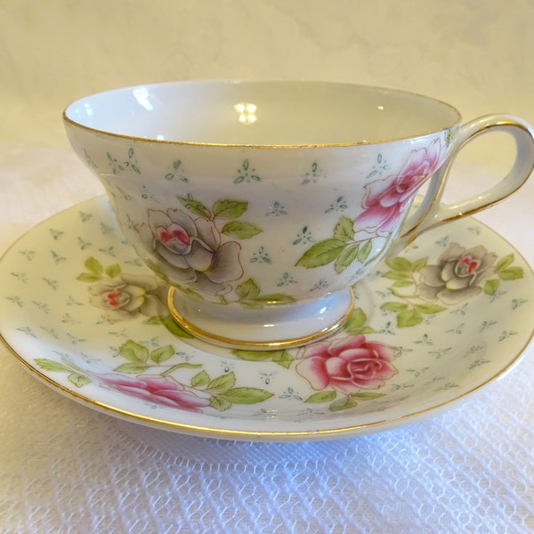 UCAGCO Pink Rose Blue Floral Chintz Porcelain Teacup and Saucer Made in Japan