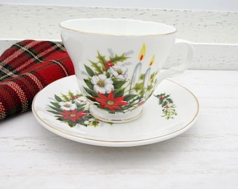 Crown Trent Christmas Teacup and Saucer: Poinsettia, Holly & Candles, Staffordshire England