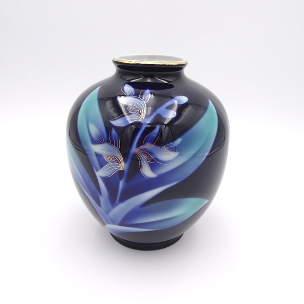 7.25" Tall Cobalt Blue Japanese Vase Iris Flowers with Gold Accents