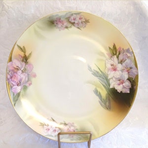 May include: A large, white porcelain plate with a gold rim. The plate is decorated with a hand-painted floral design of pink and white flowers.