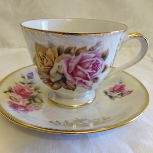 Lusterware Tea Cup and Saucer Pink and Yellow Roses from Choice Imports Japan, Mismatched