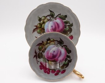 Royal Sealy Hand Painted Teacup and Saucer: Gray, Fruits & Berries, Made in Japan
