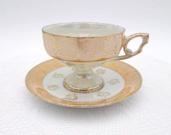 Tilso Japan Lusterware Teacup and Saucer: Gold Floral Pattern