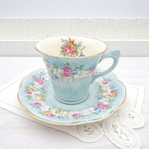 Vintage Light Blue James Kent Fenton Rose Trellis Tea Cup and Saucer Flower Handle Made in England, English Teacup with Flowers