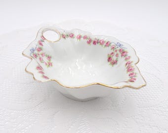Antique Victoria Austria Leaf Shaped Porcelain Bowl, Loop Handle, Pink Roses
