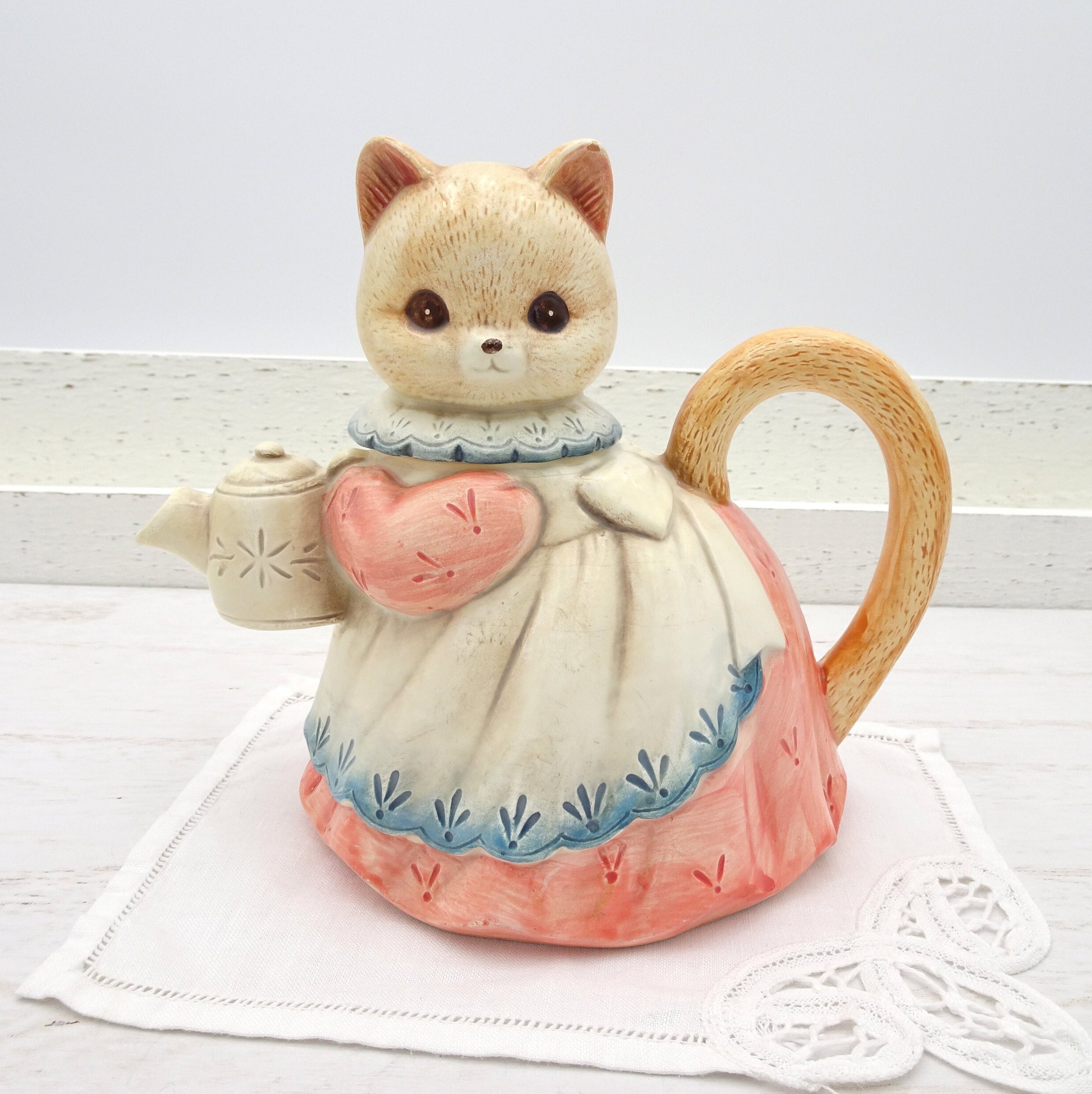 Vintage Takahashi Figural Cat Teapot Pink Dress White Apron Blue